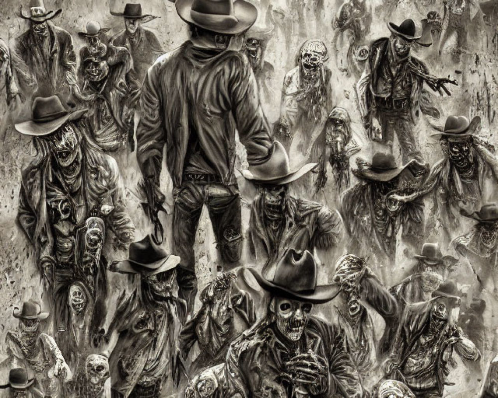 Sepia-Toned Image of Cowboy-Inspired Figures in Western Ghost Town Atmosphere