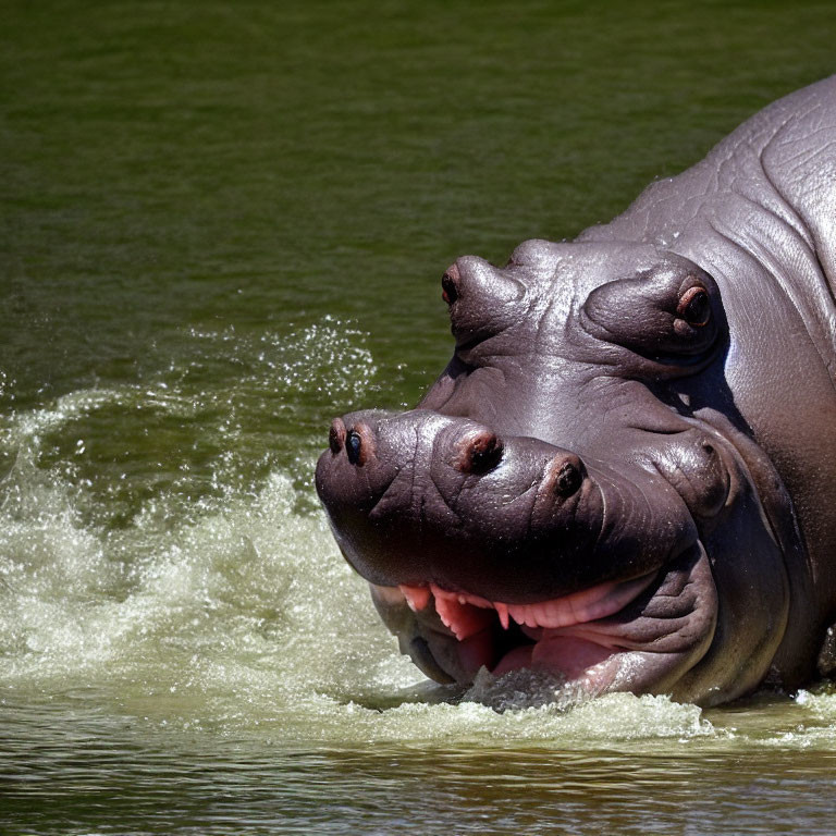 Submerged hippopotamus with open mouth in water