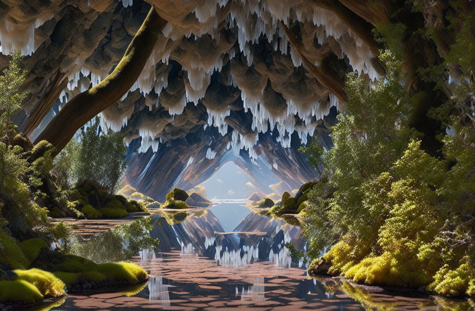 Surreal landscape with inverted mountains, vibrant forest, reflective water, and luminous pathway