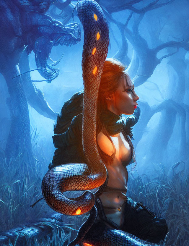 Woman with glasses in mystical forest with glowing-eyed snake and blue trees.