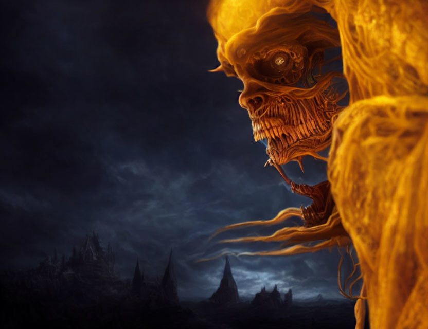 Digital artwork: Grim reaper figure with glowing skeletal face in tattered cloaks against dark sky