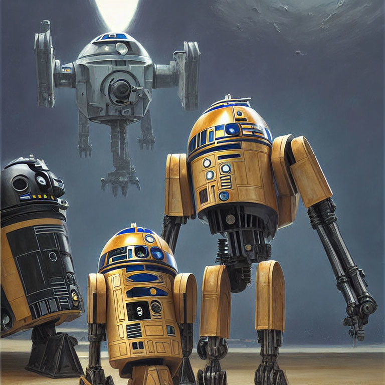 Star Wars droids with R2-D2, similar droid, and bipedal robot near