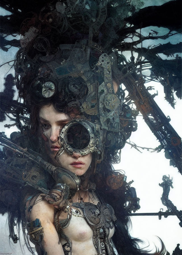 Surreal portrait featuring person with intricate mechanical parts in hair and attire