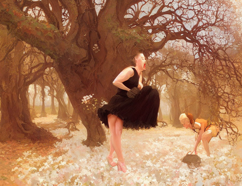 Whimsical painting of ballerina and small figure in ethereal forest