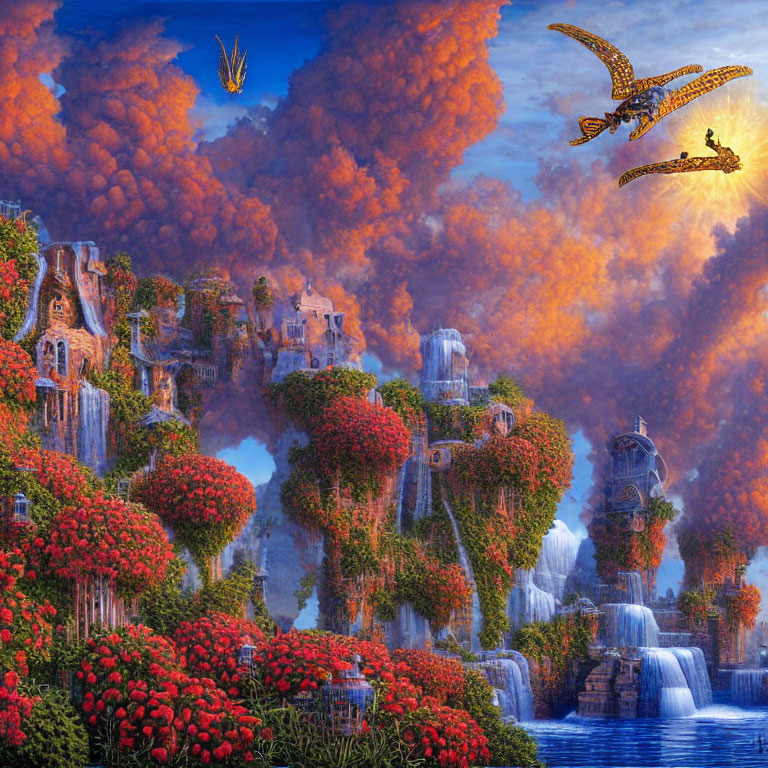 Fantasy landscape with waterfalls, red flora, flying ships, vibrant sky