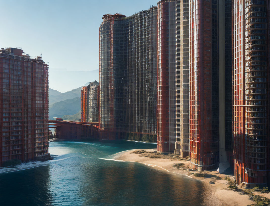 Tall red-brown apartment buildings by narrow waterway and mountains