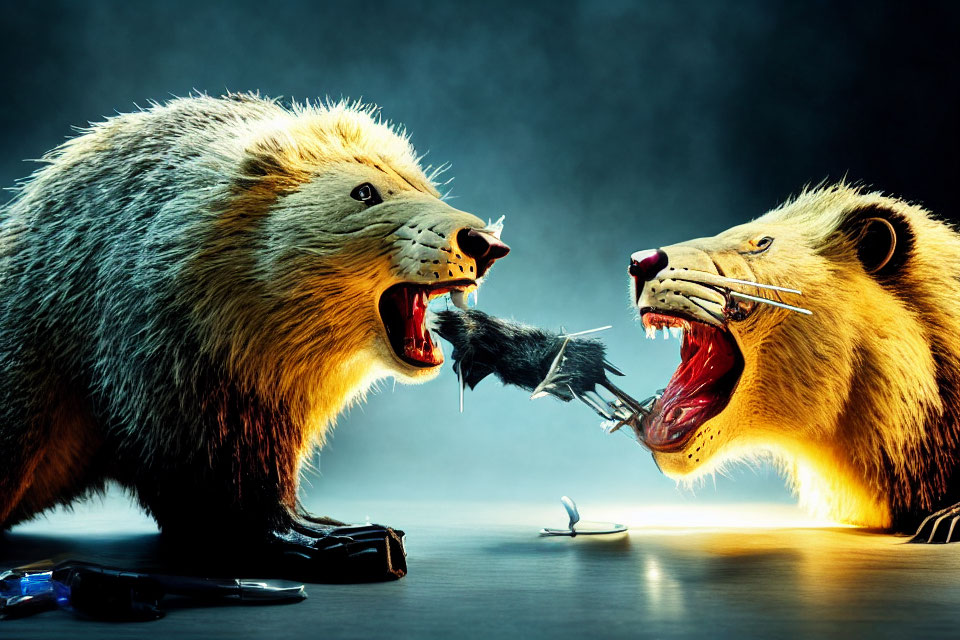 Stylized bears in fierce confrontation with barber tools on dark background