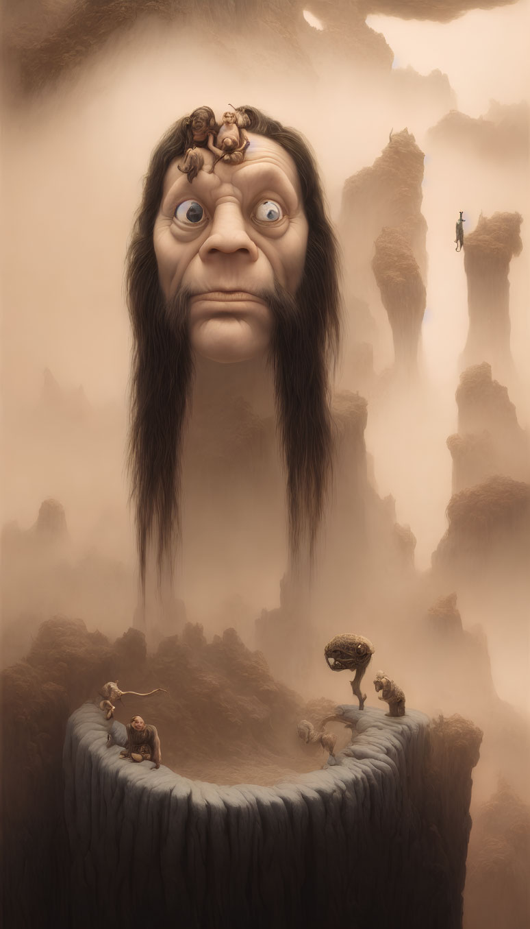 Surreal image: giant face with mountain hair, tiny figures on cliffs in fog