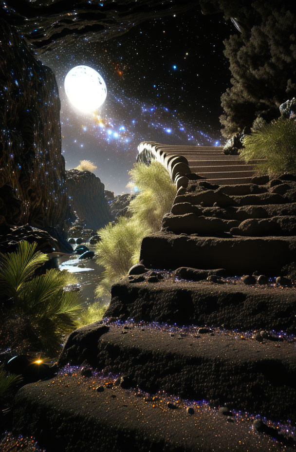 Surreal nightscape with glowing full moon, ascending stairs, illuminated foliage, serene river, star
