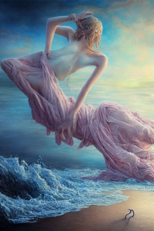 Woman depicted with pink fabric by ocean and sky backdrop symbolizing freedom.