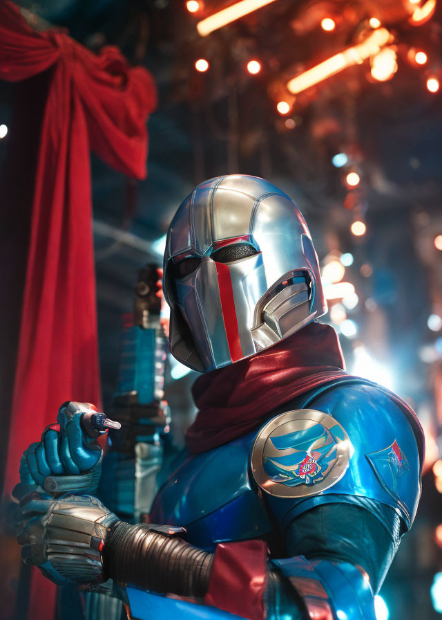Shiny blue and silver costume with red accents and helmet, holding a device