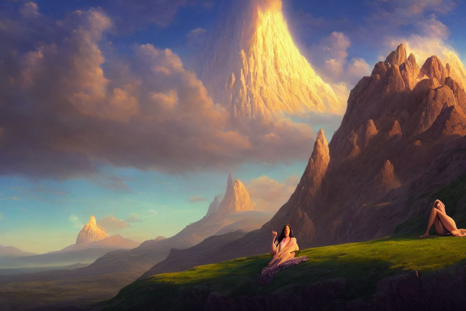Fantasy landscape with two figures and majestic mountains