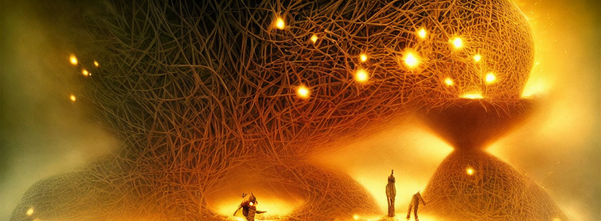 Silhouetted figures beneath glowing, fantastical tree structure