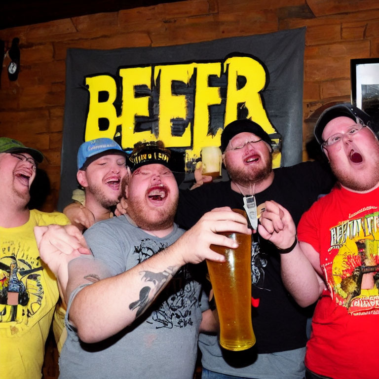 Group of friends posing with large beer glass in front of yellow "BEER" banner