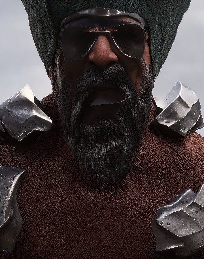 Bearded character in turban, sunglasses, armor, under cloudy sky