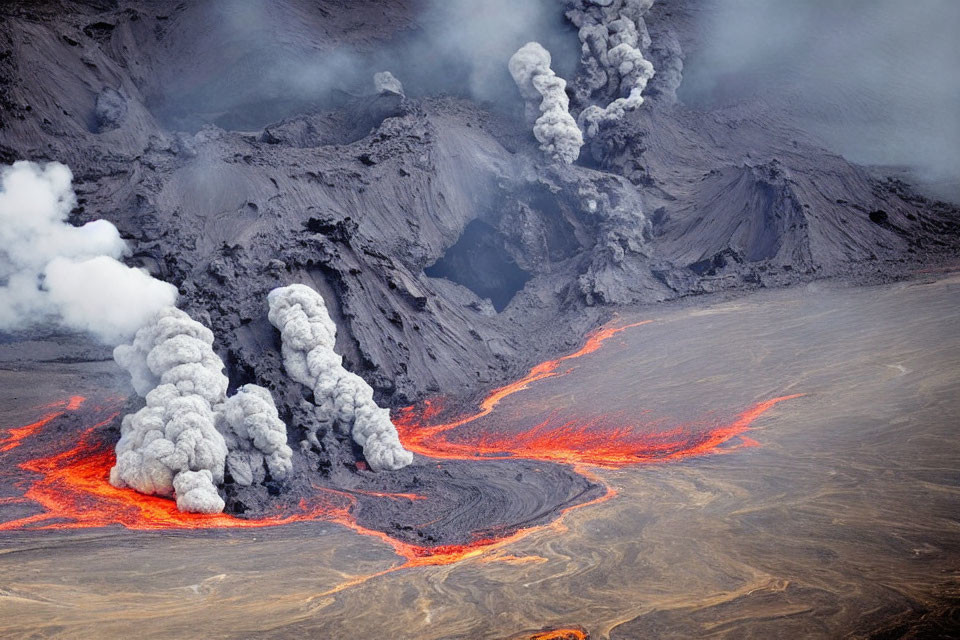 Volcanic eruption with flowing lava and plumes of smoke on grey ashy terrain