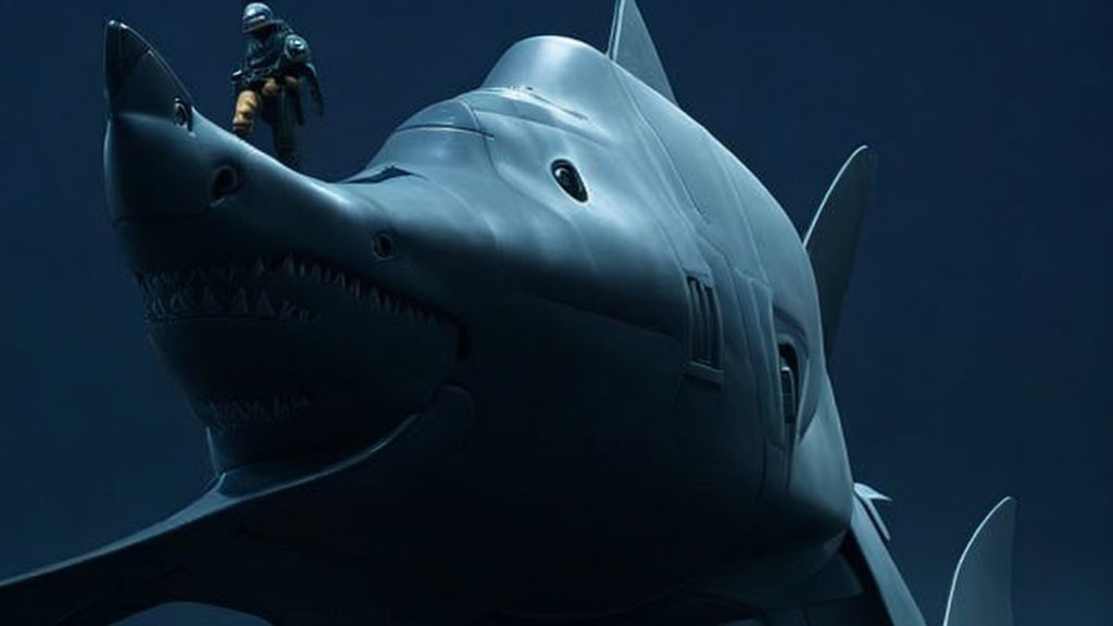 Diver swimming above menacing mechanical shark in dark underwater scene
