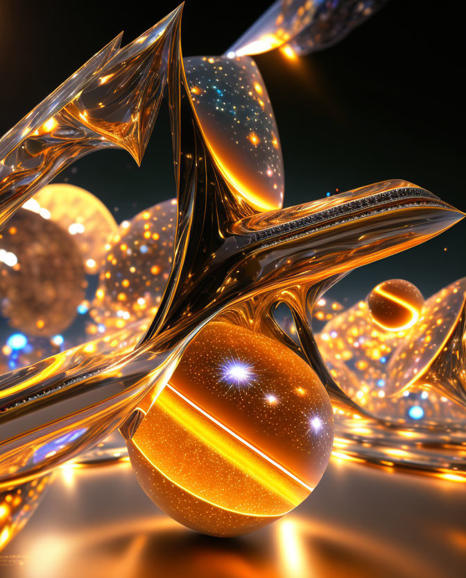 Shiny golden 3D art with glowing orbs and sparkling particles