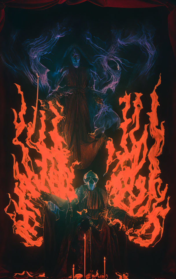 Mystical artwork: Cloaked figure with skull face in fiery scene