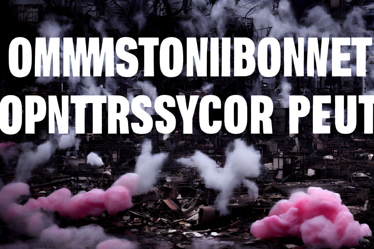 Chaotic scene with rubble, pink smoke, and jumbled text