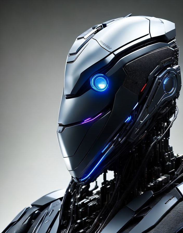 Futuristic robot head with blue glowing eye and metal plating