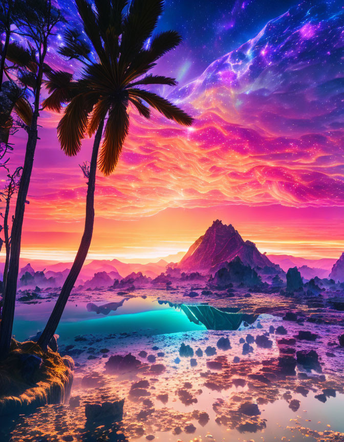 Surreal landscape with pink and purple sky, palm trees, reflecting water, and rocky terrain
