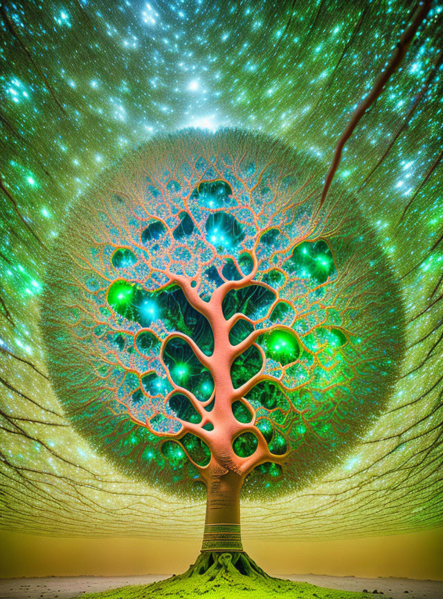 Colorful surreal tree illustration with glowing orbs and intricate canopy on starry sky background