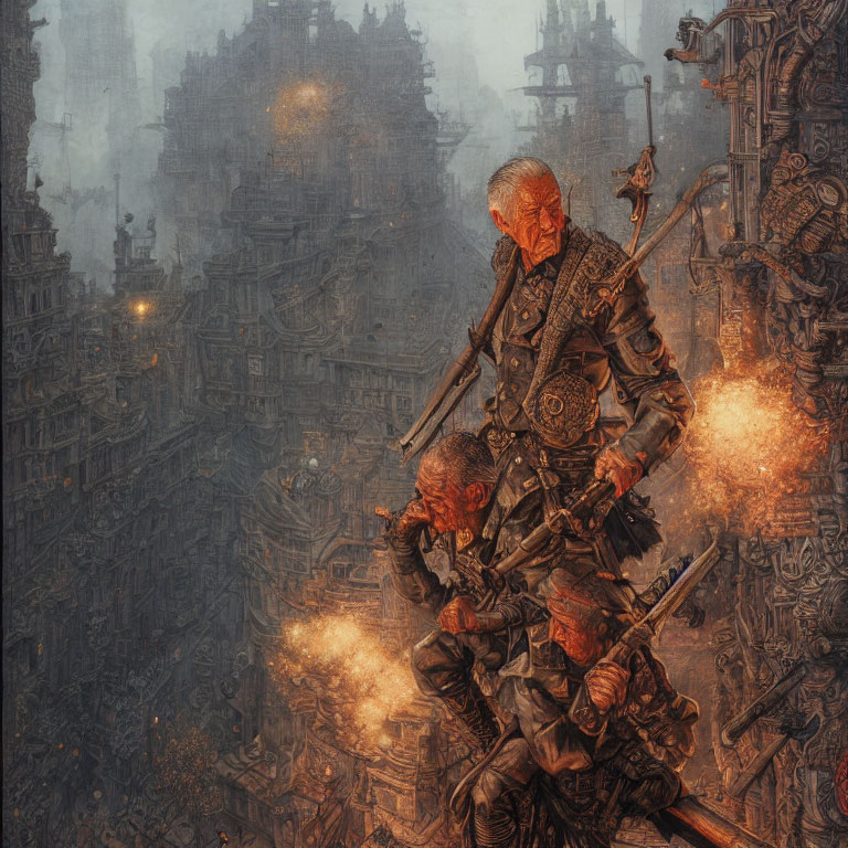 Medieval warrior in armor on debris with misty city backdrop