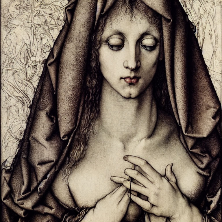 Detailed Sketch of Female Figure with Draped Clothing and Introspective Expression