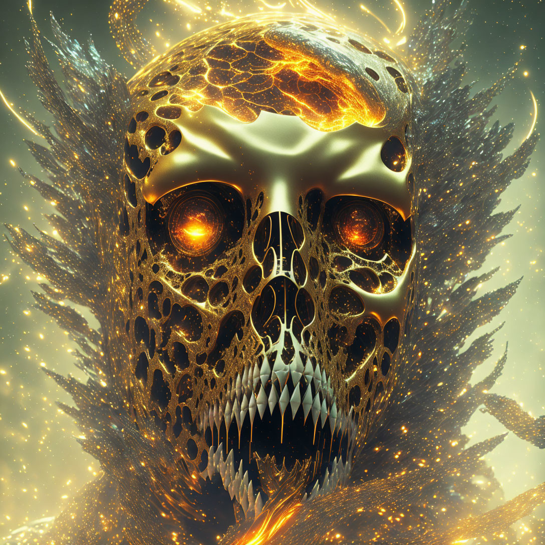 Intricate Golden Skull Artwork with Glowing Eyes