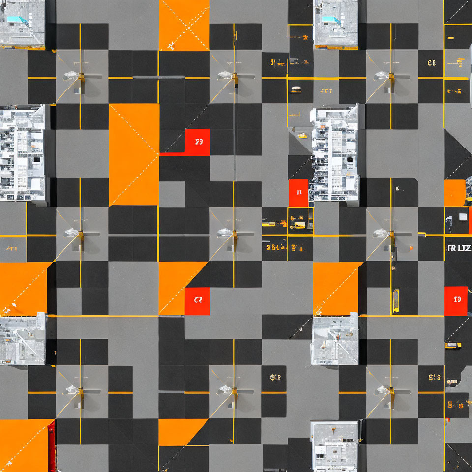 Geometric Art: Orange, Black, Grey Squares with Yellow Lines