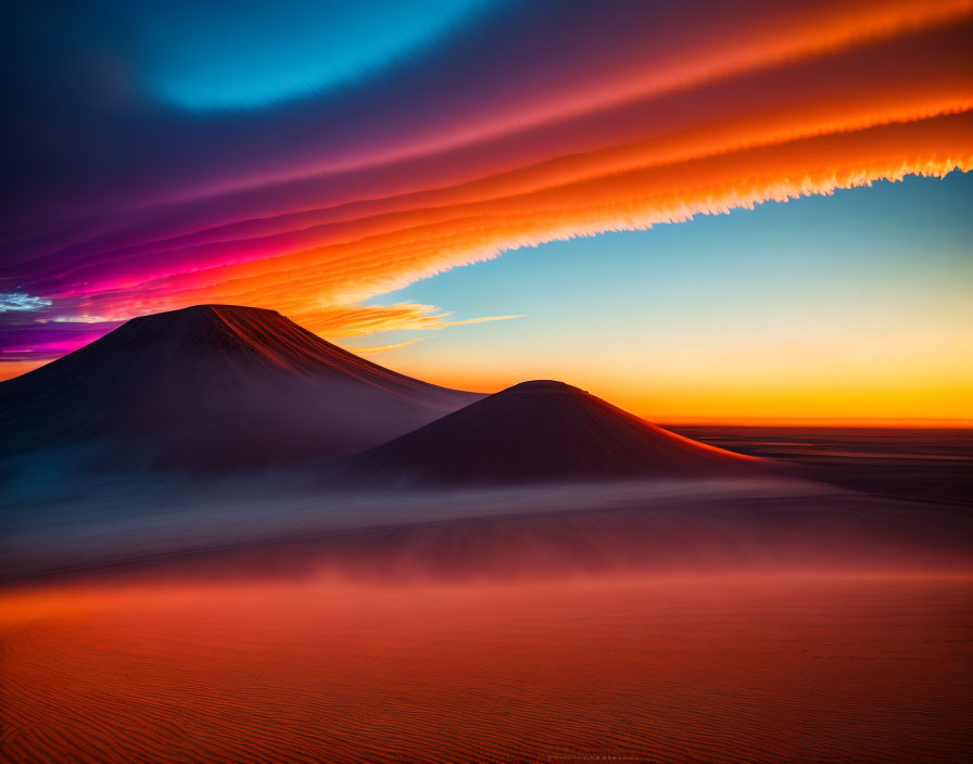 Vibrant sunset over desert dunes with dramatic clouds and colorful hues