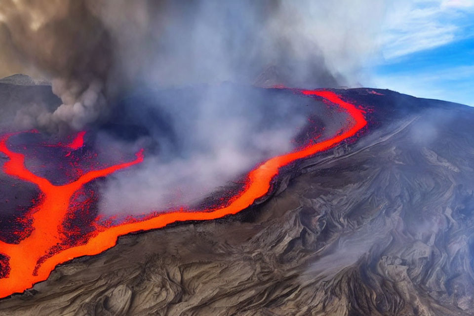 Volcanic eruption with bright lava flows in barren landscape