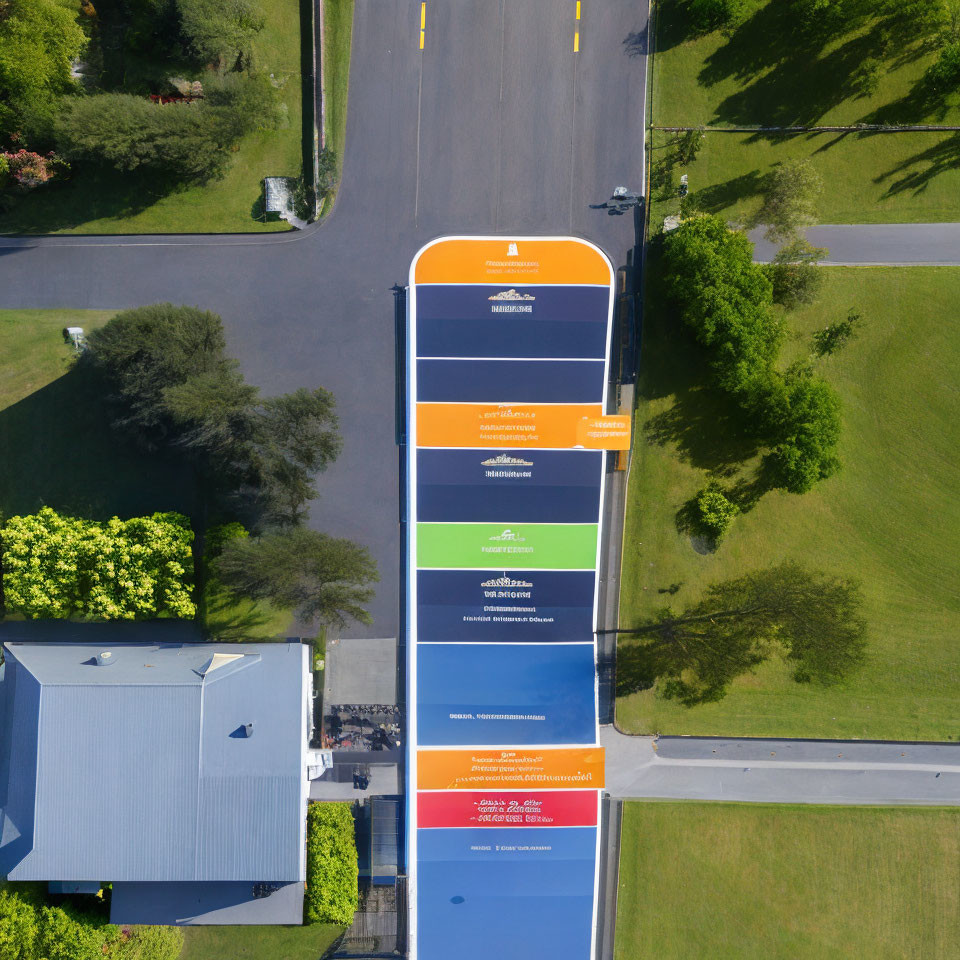 Colorful Road with Parking Spaces and Green Area Seen from Above