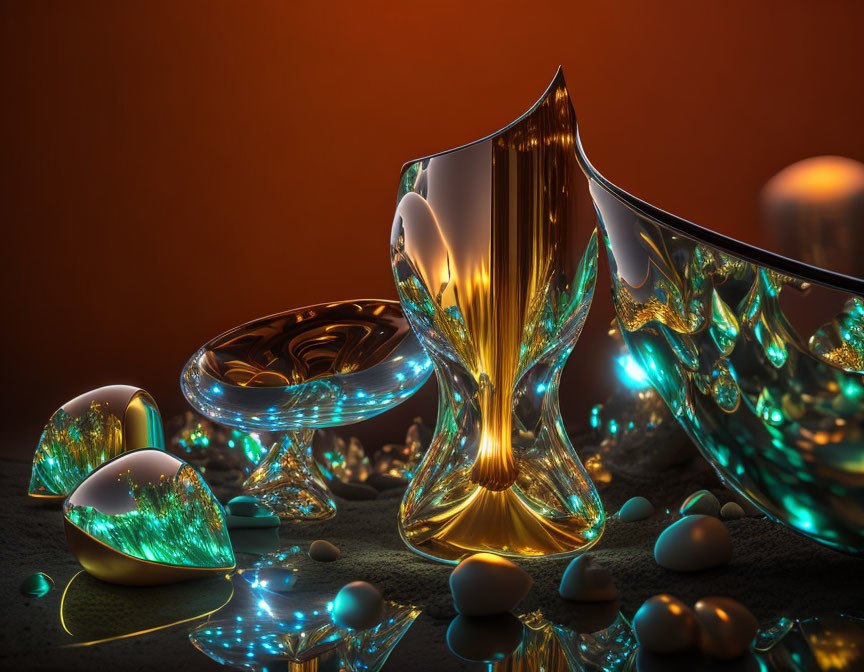Reflective golden surfaces in intricate 3D art with glowing blue-green highlights