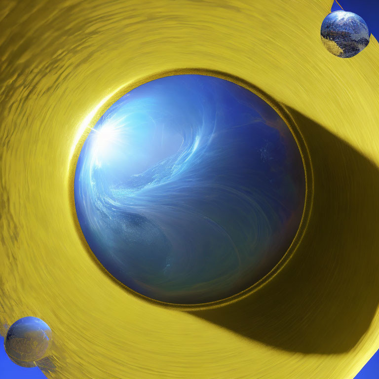 Surreal blue vortex in golden ring with reflective spheres