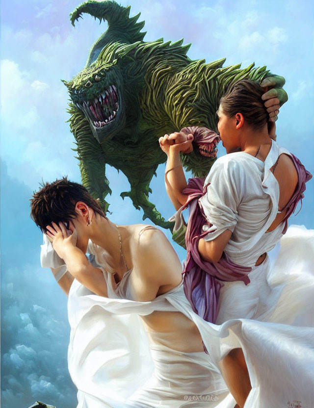 Woman in white rescuing distressed man from green dragon under cloudy sky
