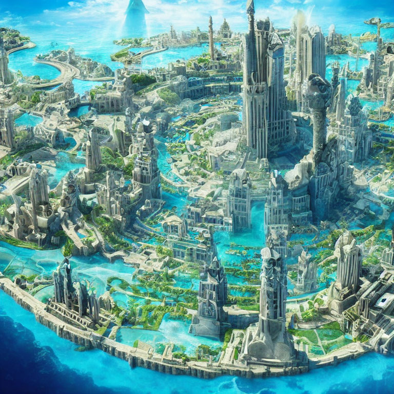 Fantastical cityscape with crystal-clear waterways and towering spires