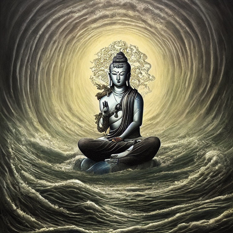 Illustration of meditating figure with halo in lotus position in whirlpool background