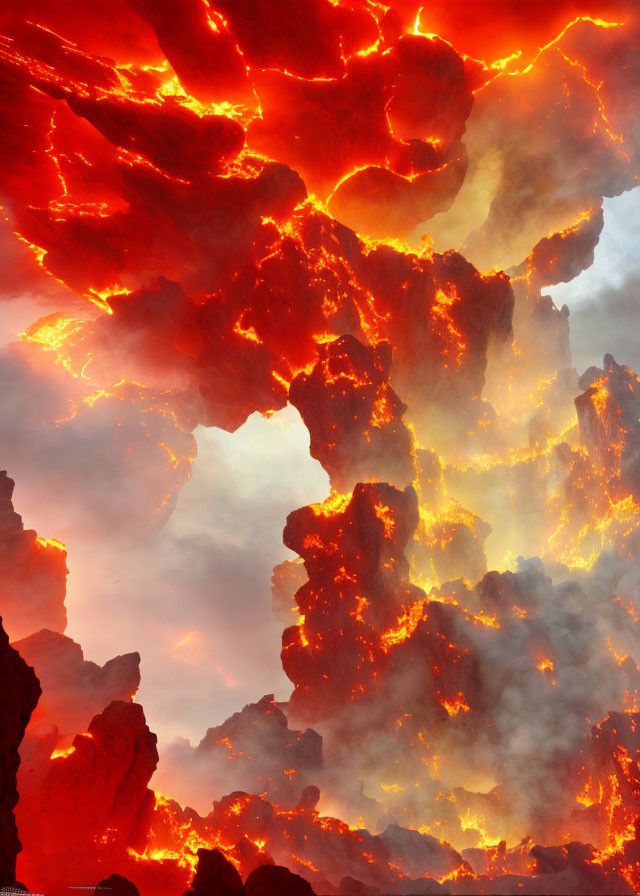 Volcanic eruption with fiery lava flow and smoke amidst rocks
