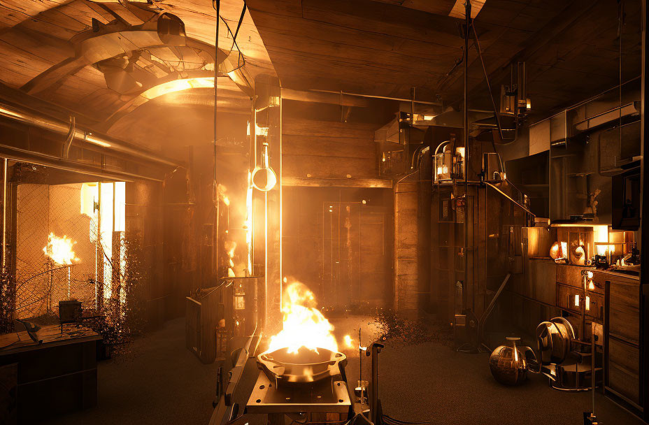 Industrial-themed room with fiery explosions, scientific equipment, and mysterious artifacts