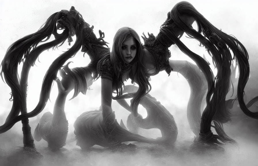 Monochrome fantasy art of a woman with tentacle-like hair in misty setting