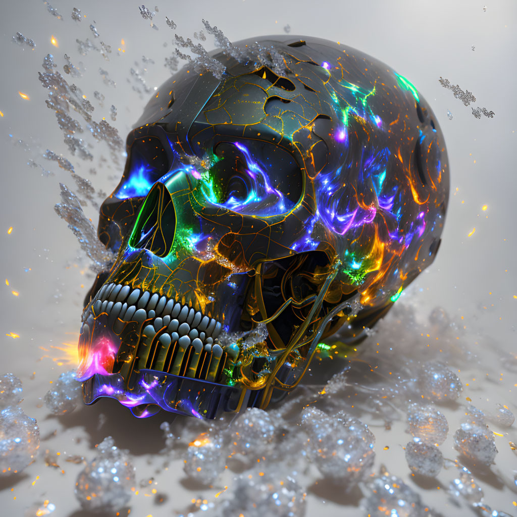 Colorful Neon-Like Fractured Skull on Light Background