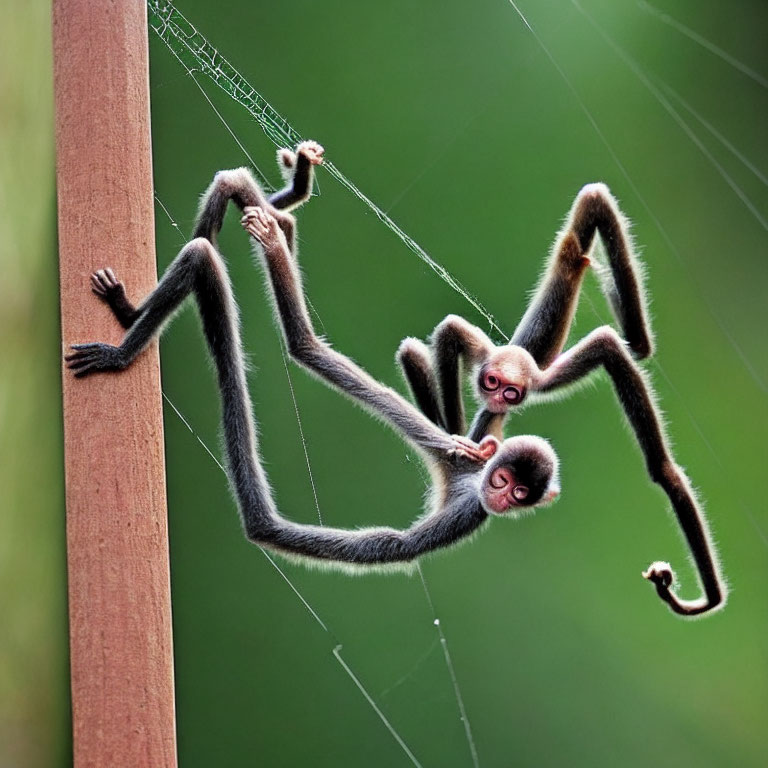 Wire Monkey Figures Hanging on Spider's Web in Green Background