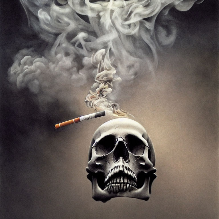 Lit cigarette on human skull emitting swirling smoke