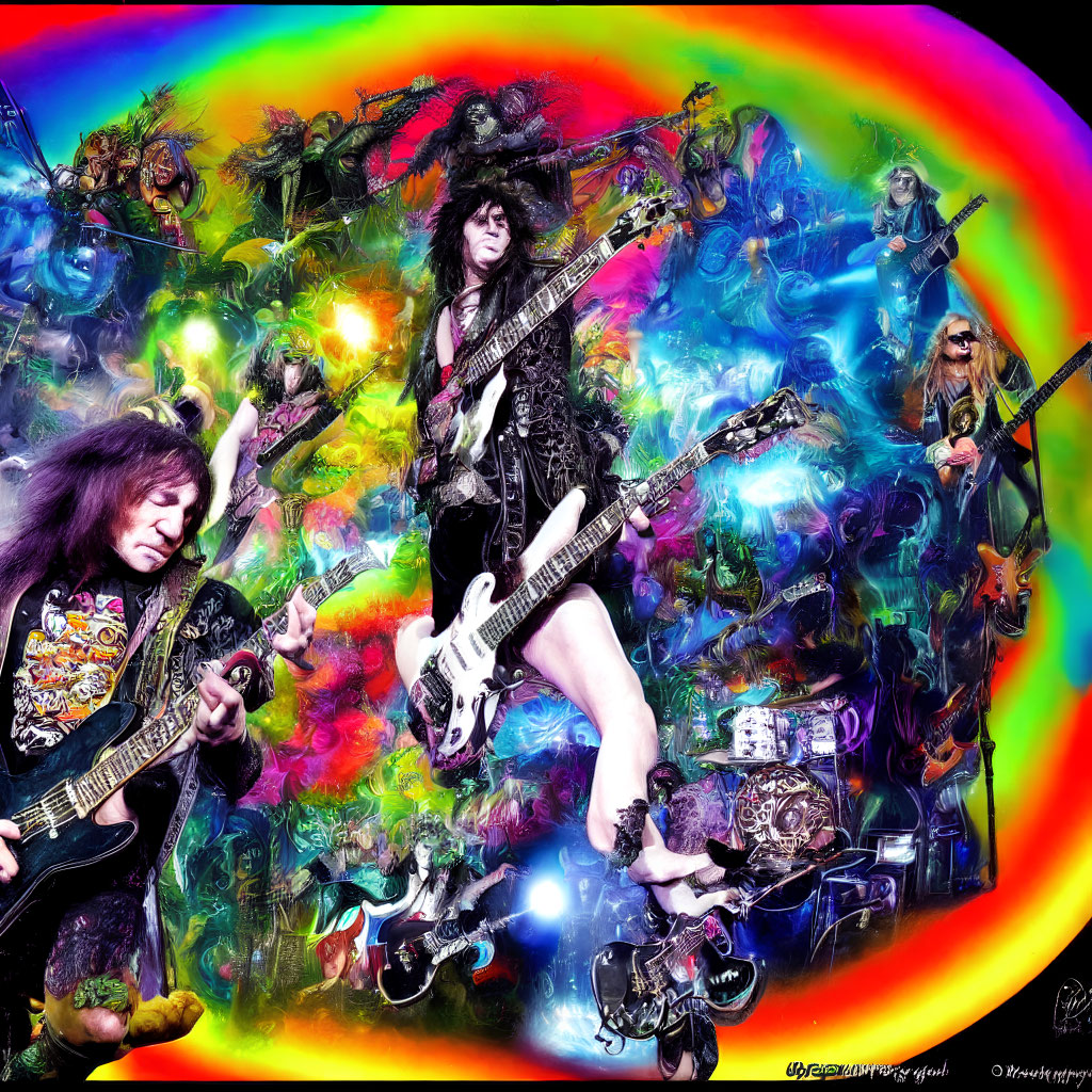 Vibrant psychedelic collage of rock musicians with guitars