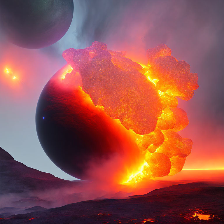 Sci-fi landscape with volcanic eruption and celestial bodies