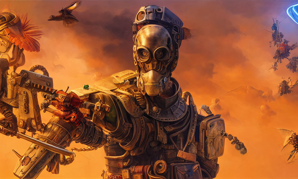 Detailed robot illustration with humanoid face in dramatic orange sky