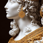 Detailed profile view of ornate white statue with golden headdress and earrings
