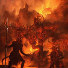 Person in fur attire gazes at fiery landscape with dragons and silhouetted figures in orange smoke